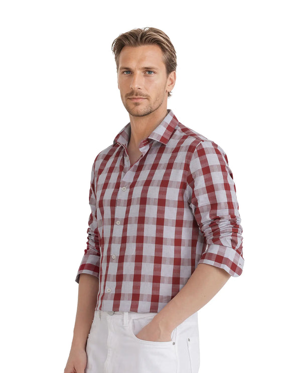 Rare Rabbit Men's Luxs Red Cotton Fabric Full Sleeve Collared Neck Button Closure Checks Shirt