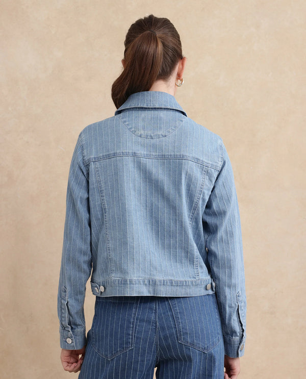 Rareism Women Luz Light Blue Cotton Polyester Fabric Collared Neck Regular Fit Striped Jacket