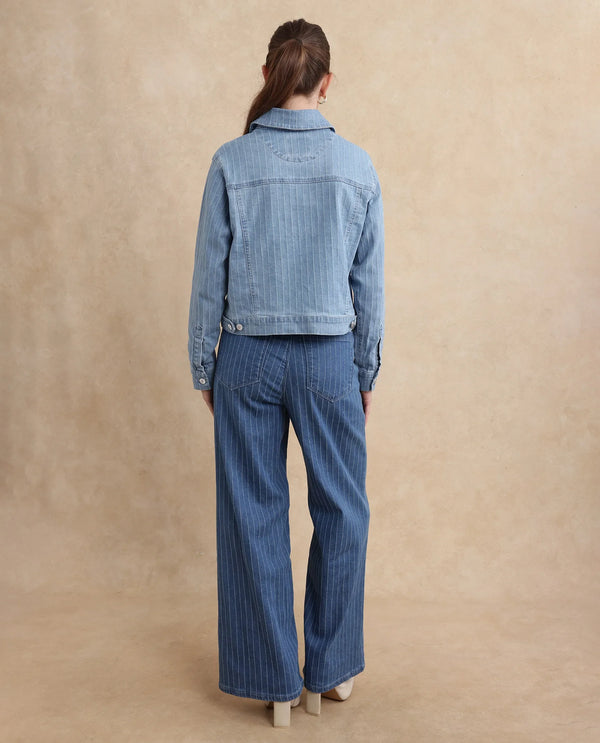 Rareism Women Luz Light Blue Cotton Polyester Fabric Collared Neck Regular Fit Striped Jacket