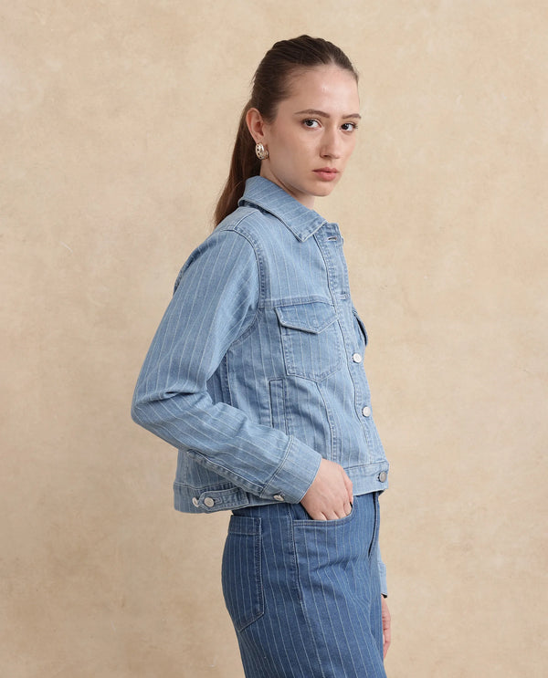 Rareism Women Luz Light Blue Cotton Polyester Fabric Collared Neck Regular Fit Striped Jacket