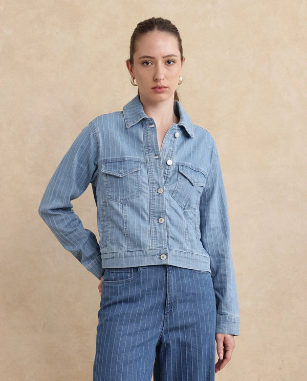Rareism Women Luz Light Blue Cotton Polyester Fabric Collared Neck Regular Fit Striped Jacket