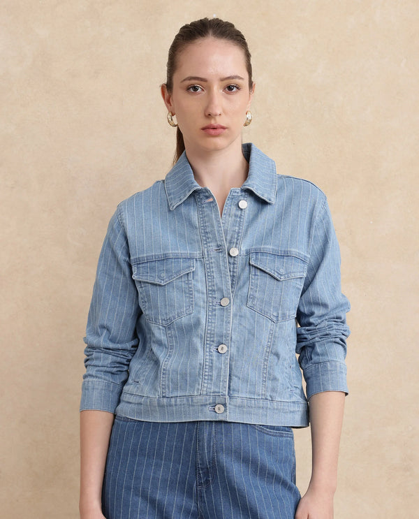 Rareism Women Luz Light Blue Cotton Polyester Fabric Collared Neck Regular Fit Striped Jacket