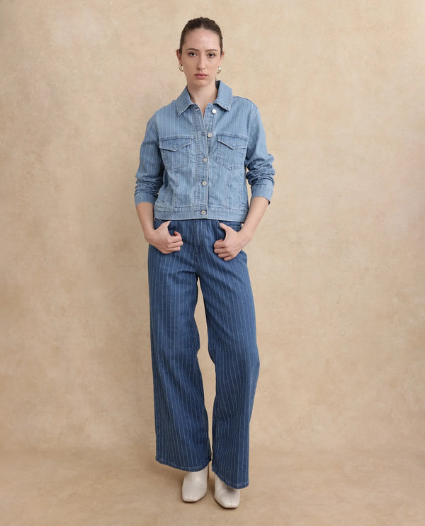 Rareism Women Luz Light Blue Cotton Polyester Fabric Collared Neck Regular Fit Striped Jacket