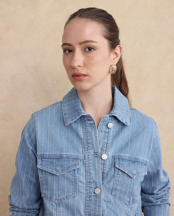 Rareism Women Luz Light Blue Cotton Polyester Fabric Collared Neck Regular Fit Striped Jacket