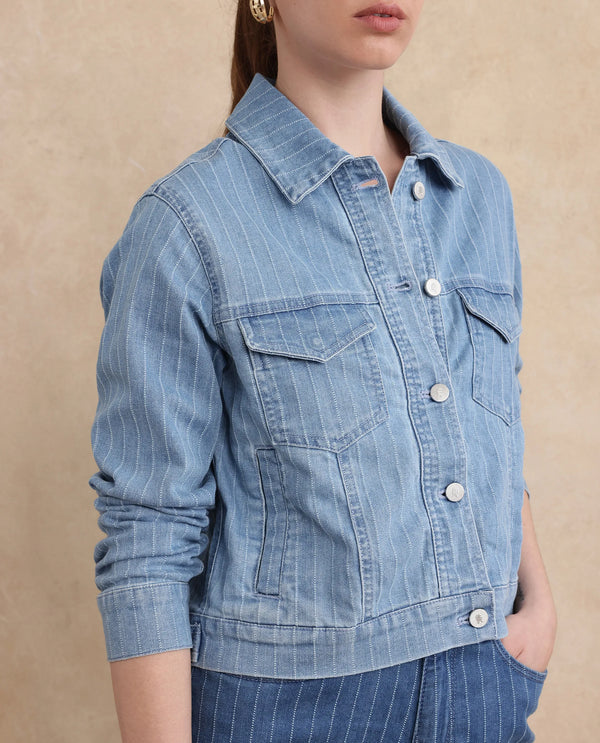 Rareism Women Luz Light Blue Cotton Polyester Fabric Collared Neck Regular Fit Striped Jacket