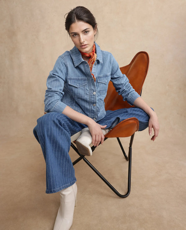 Rareism Women Luz Light Blue Cotton Polyester Fabric Collared Neck Regular Fit Striped Jacket