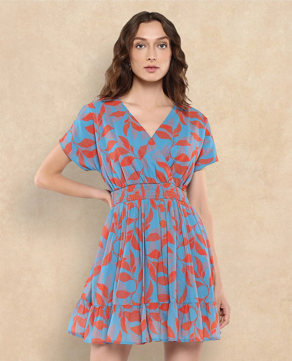 Rareism Women's Luzy Multi Cotton Blend Fabric V-Neck Tie-Up Closure Extended Sleeve Abstract Fit And Flare Knee Length Dress