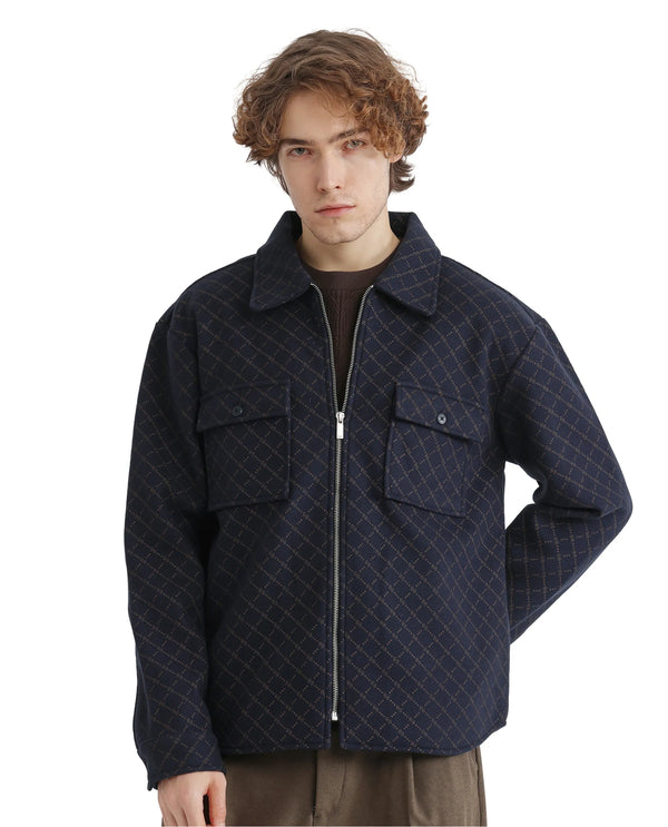 Rare Rabbit Men Lybro Navy Polyester Fabric Full Sleeve Two Front Flap Pocket Broad Collared Printed Jacket