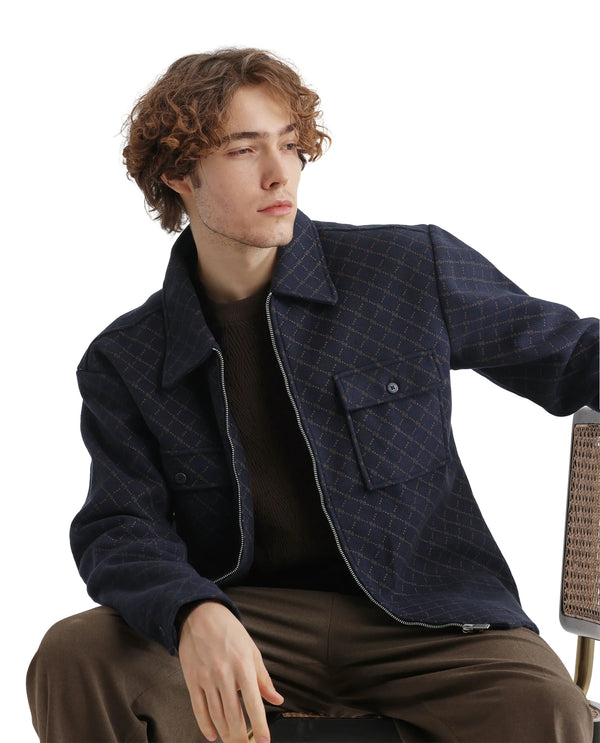 Rare Rabbit Men Lybro Navy Polyester Fabric Full Sleeve Two Front Flap Pocket Broad Collared Printed Jacket