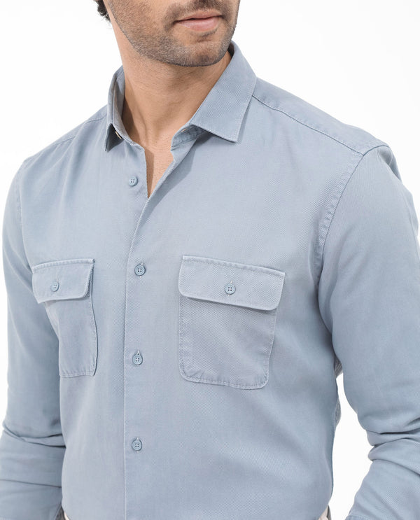 Rare Rabbit Mens Lyton-2 Dusky Blue Full Sleeve Over Dyed Front Flap Pocket Solid Shirt