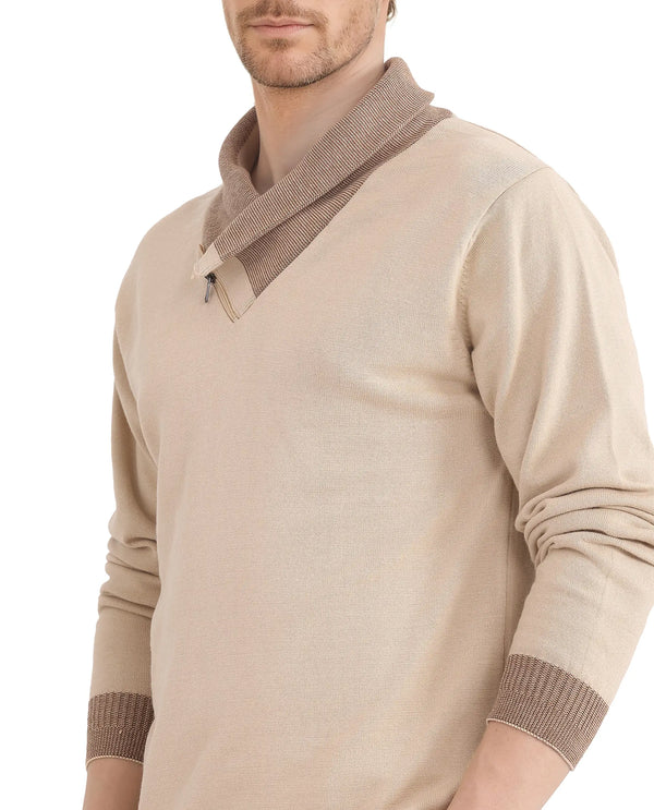 Rare Rabbit Men's Lyzo Beige Full Sleeve Contrasting Cowl Neck Regular Fit Plain Sweater