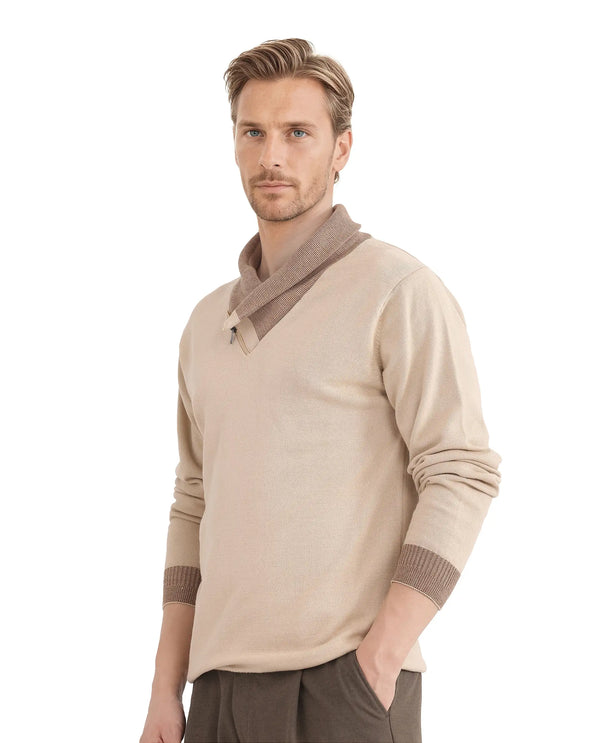Rare Rabbit Men's Lyzo Beige Full Sleeve Contrasting Cowl Neck Regular Fit Plain Sweater