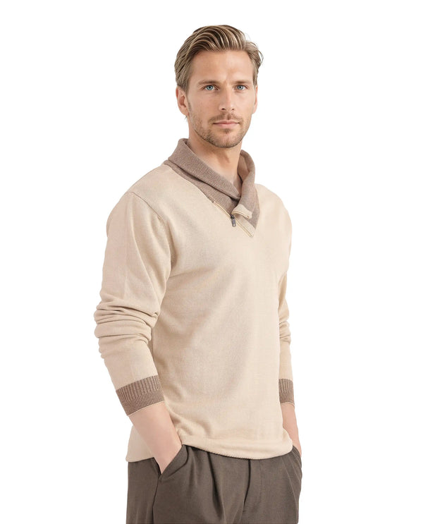 Rare Rabbit Men's Lyzo Beige Full Sleeve Contrasting Cowl Neck Regular Fit Plain Sweater
