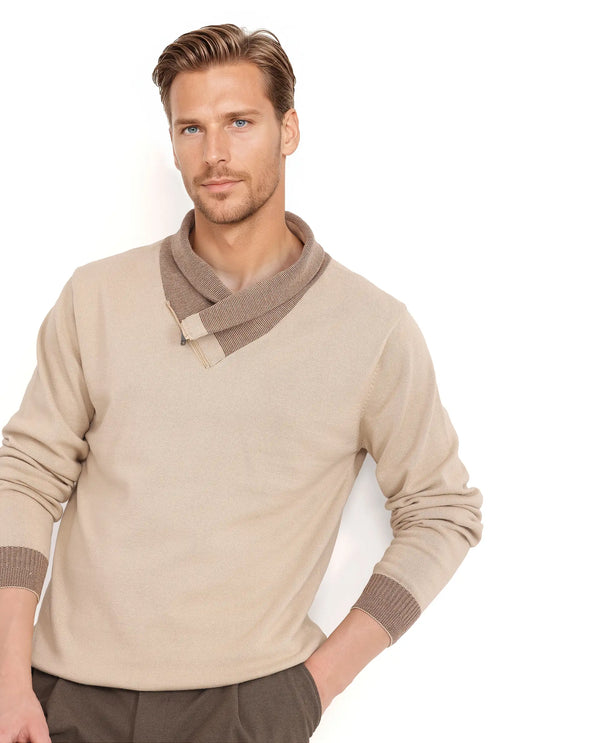 Rare Rabbit Men's Lyzo Beige Full Sleeve Contrasting Cowl Neck Regular Fit Plain Sweater