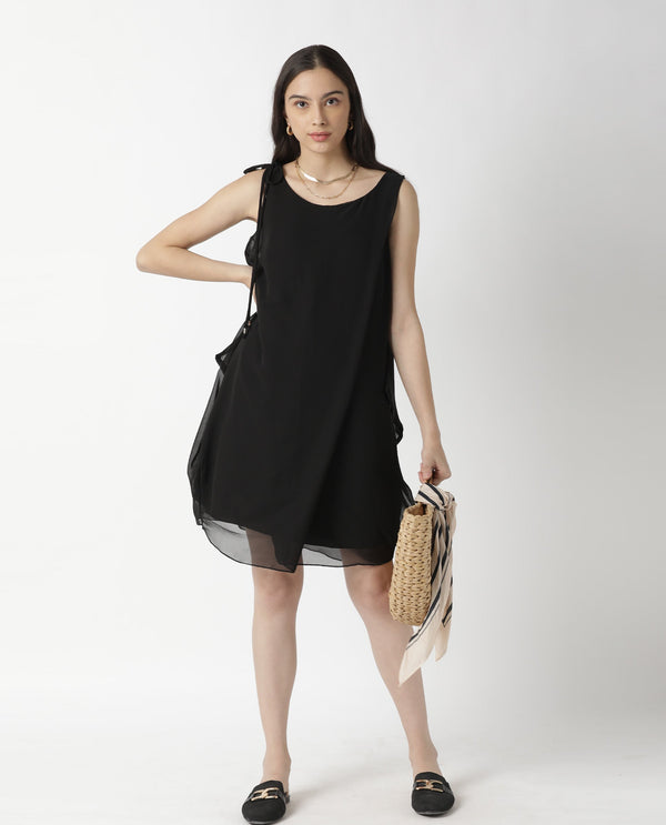 Rareism Womens Saabo Black Dress Polyester Fabric Regular Fit Sleeveless Round Neck