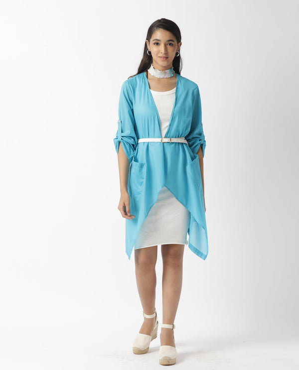 Rareism Women Gazer Blue Cotton Fabric Regular Fit Knee Length Solid Collarless Outer Wear