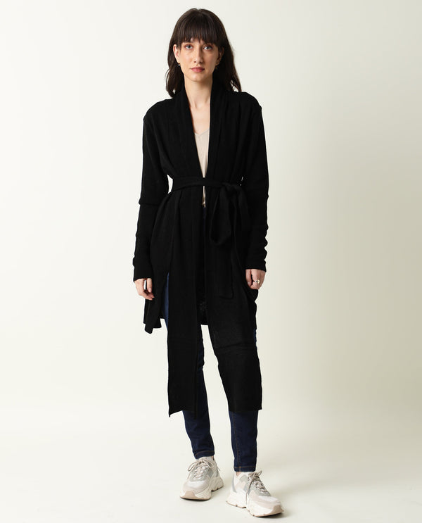 Rareism Women Flap Black Acrylic Fabric Full Sleeves Knee Length Regular Fit Solid Collarless Sweater