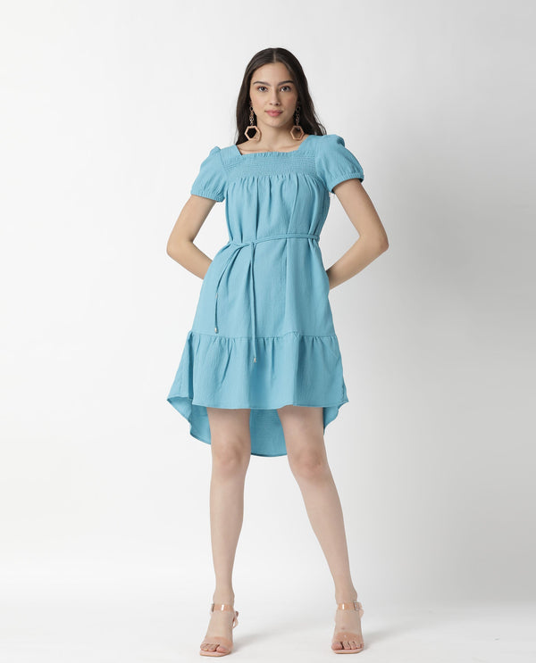 Rareism Women Empress Blue Smoked Square Neck Puff Sleeves With Fabric Waist Belt And Pockets High Low Dress