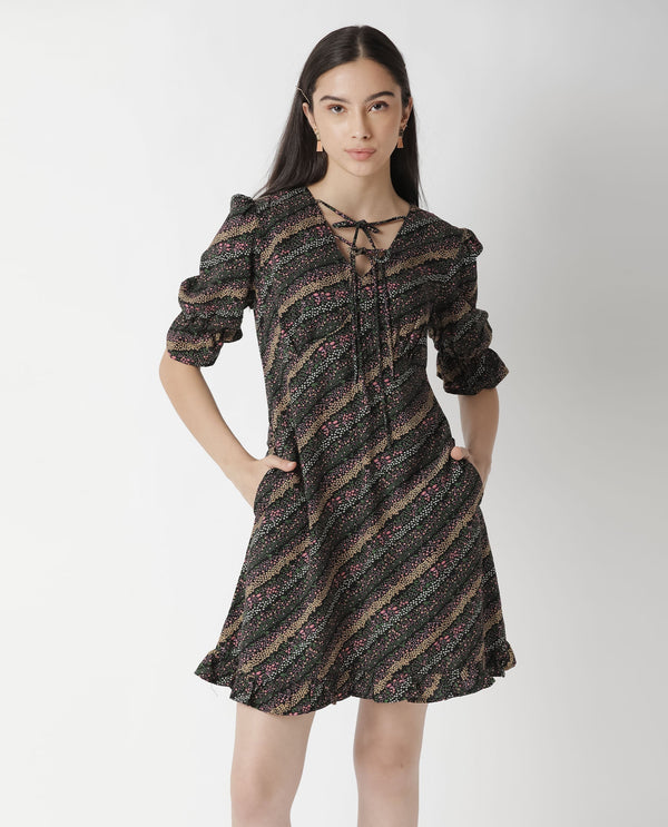 Rareism Women Elevate Black Floral Print V Neck With Double Tie Up Half Sleeves Ruffled Hem Knee Length Dress
