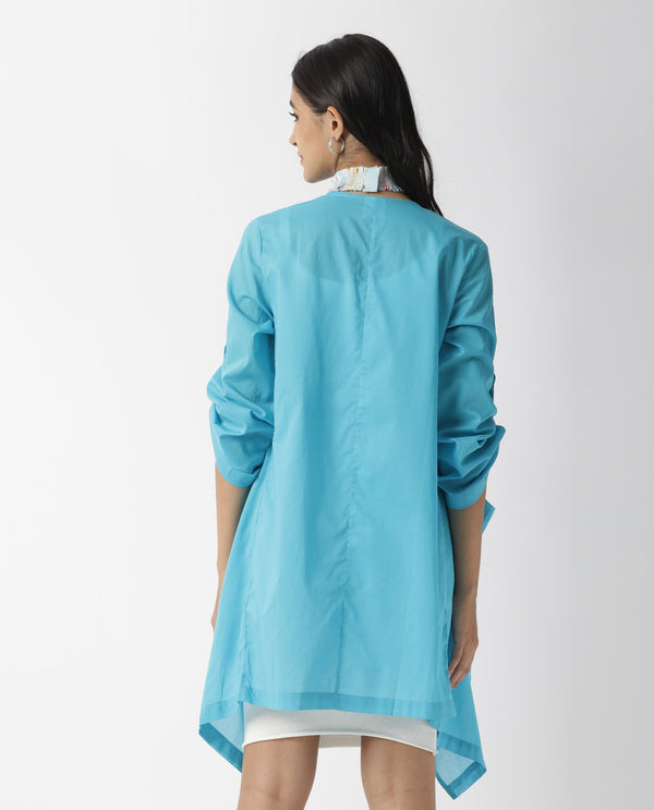 Rareism Women Gazer Blue Cotton Fabric Regular Fit Knee Length Solid Collarless Outer Wear
