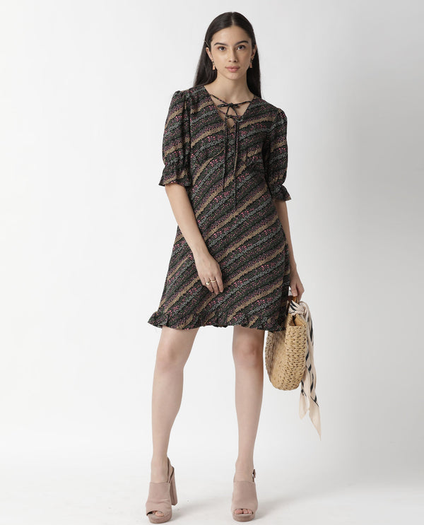 Rareism Women Elevate Black Floral Print V Neck With Double Tie Up Half Sleeves Ruffled Hem Knee Length Dress
