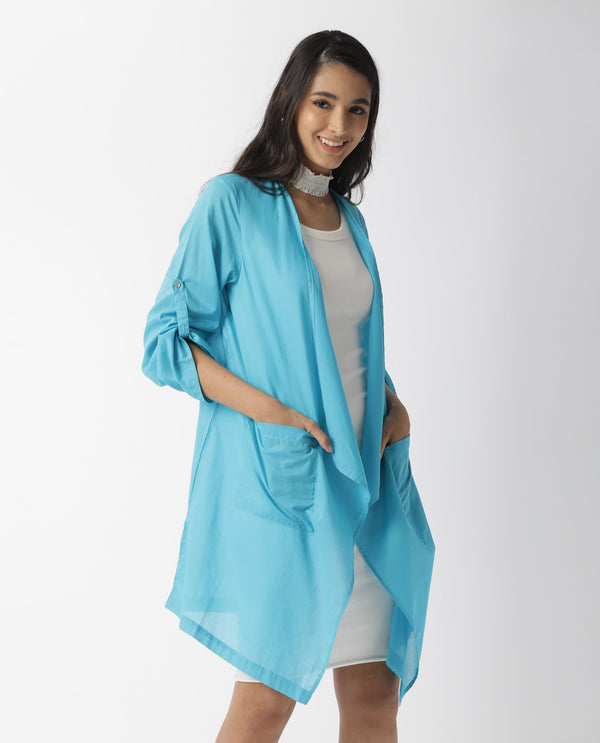 Rareism Women Gazer Blue Cotton Fabric Regular Fit Knee Length Solid Collarless Outer Wear