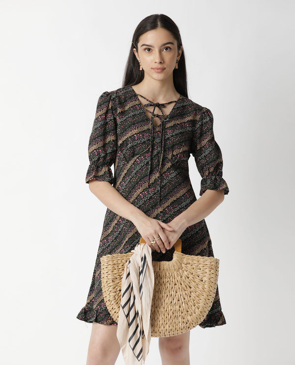 Rareism Women Elevate Black Floral Print V Neck With Double Tie Up Half Sleeves Ruffled Hem Knee Length Dress