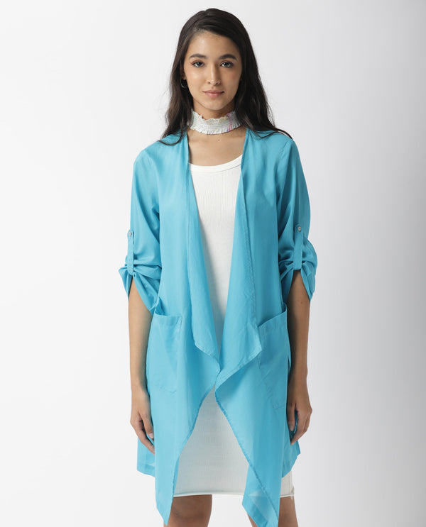 Rareism Women Gazer Blue Cotton Fabric Regular Fit Knee Length Solid Collarless Outer Wear