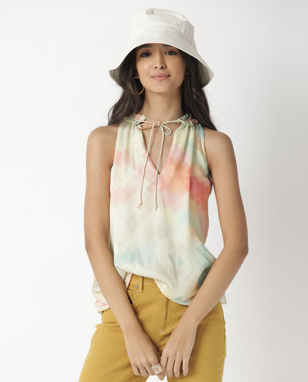 Rareism Women Groot Off White Modal Fabric Relaxed Fit Tie-Up Neck Sleeveless Abstract Print Top
