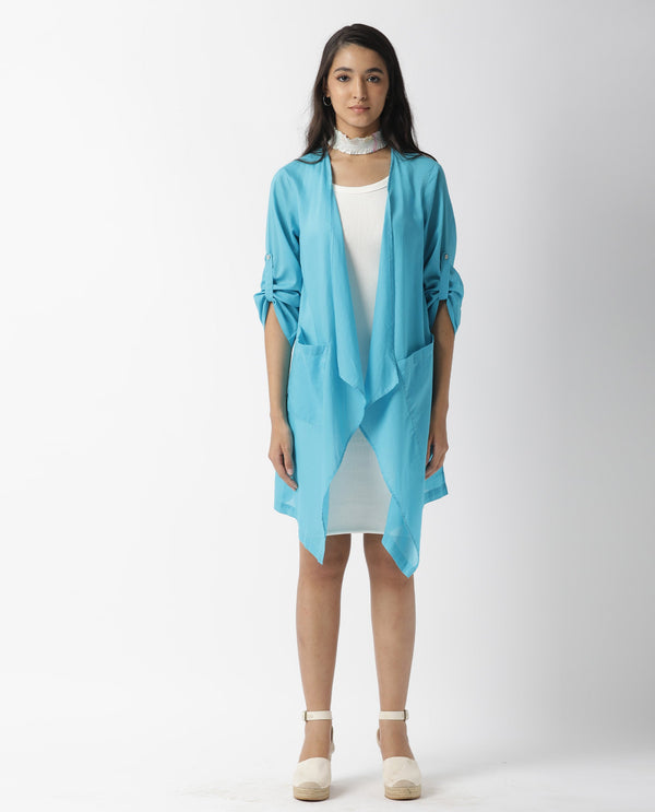 Rareism Women Gazer Blue Cotton Fabric Regular Fit Knee Length Solid Collarless Outer Wear