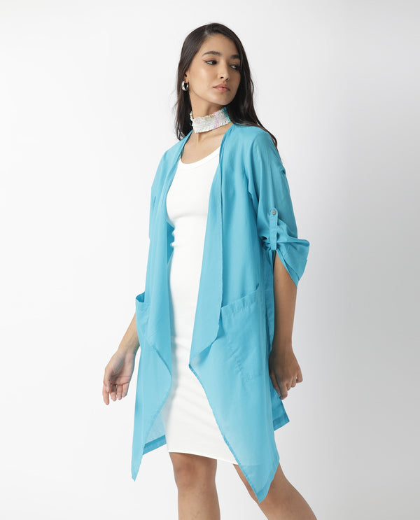 Rareism Women Gazer Blue Cotton Fabric Regular Fit Knee Length Solid Collarless Outer Wear