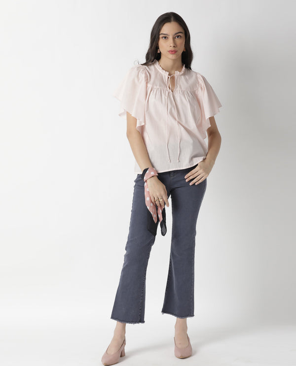 Rareism Women Zues Pink Cotton Fabric Relaxed Fit Tie-Up Neck Half Sleeves Solid Top