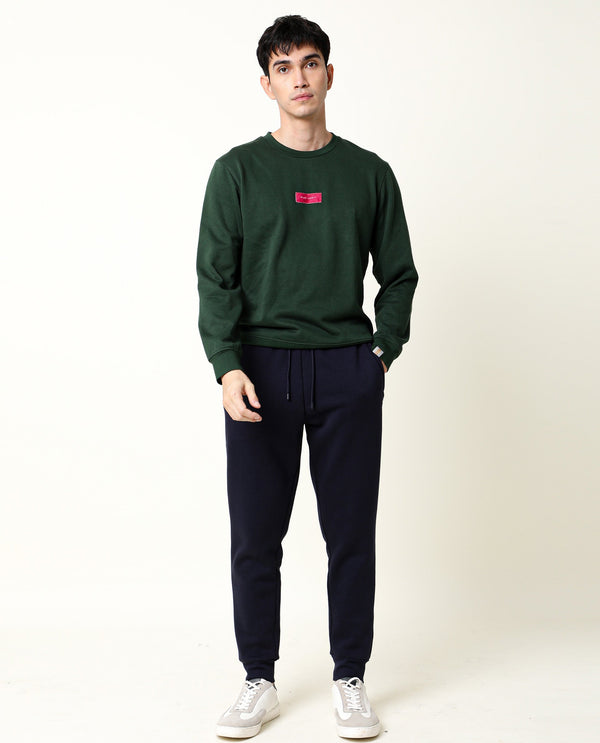 Rare Rabbit Men's Velveto Green Cotton Polyester Fabric Full Sleeves Velvet Branding Knit Sweatshirt