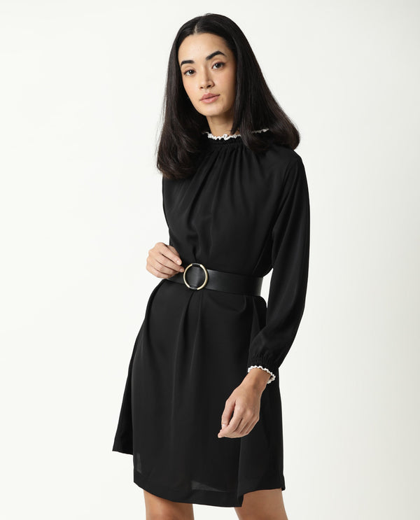 Rareism Women Spoke Black Ruffled Round Neck With Full Sleeves Back Button Closure Mini Dress