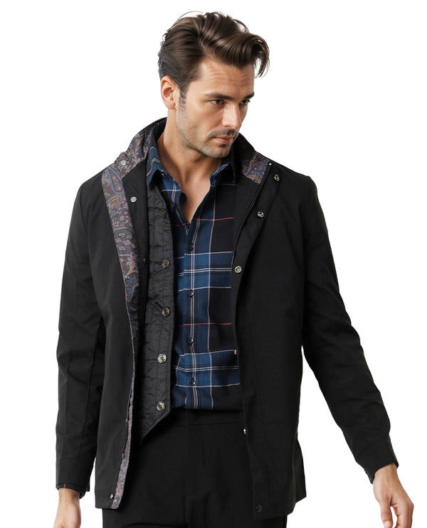 Rare Rabbit Men's Berry Black Plain High Neck Mandarin Collar Jacket