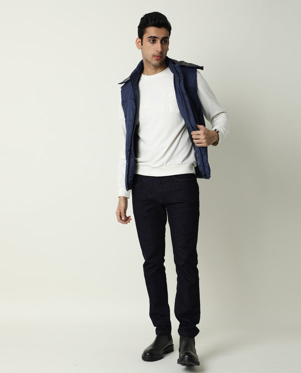 Rare Rabbit Men's Filly Dark Blue Sleeveless Quilted Puffer Jacket