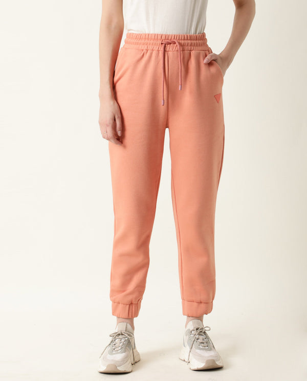Rareism Women Neo-1 Orange Poly Cotton Fabric Tailored Fit Solid Mid Rise Ankle Length Track Pant