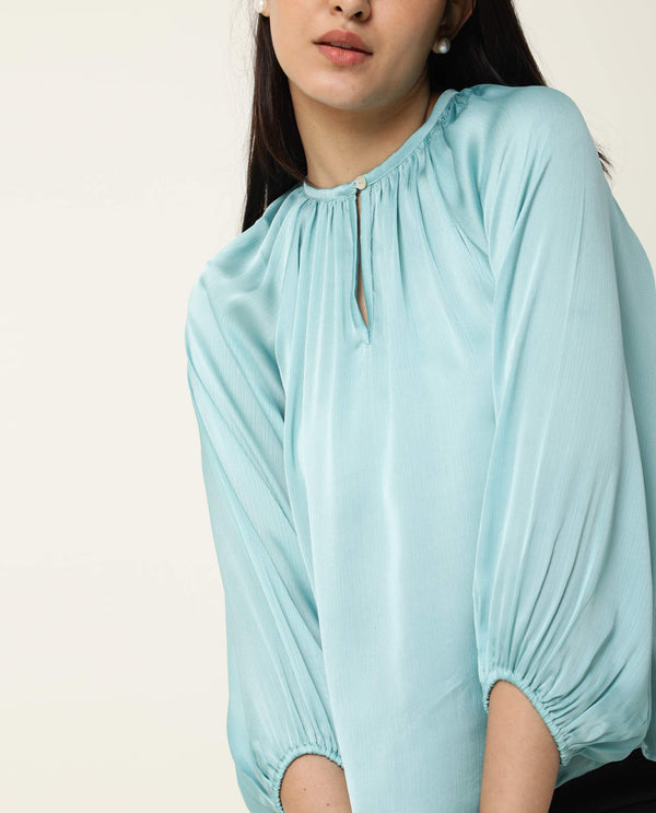 Rareism Womens Fall Blue Top Polyester Fabric Regular Fit Balloon Sleeve Round Neck