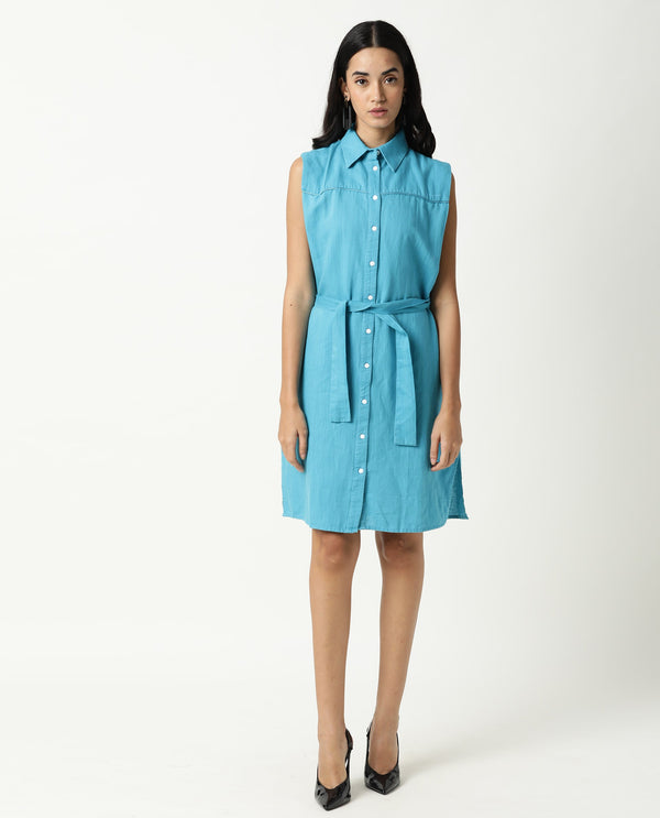 Rareism Women Zolaa Blue Shirt Collar Front Packet With Buttons Fabric Waist Belt And Side Slit Knee Length Dress