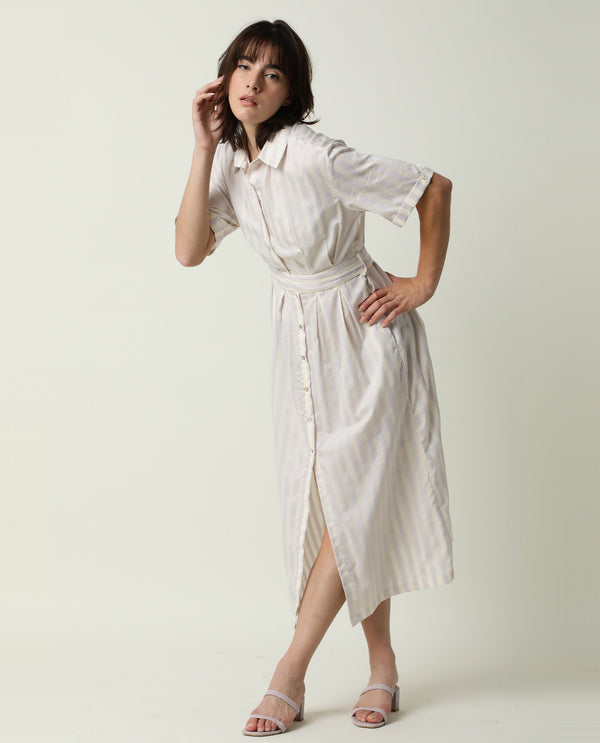 Rareism Women Paris Yellow Shirt Collar Half Sleeves Front Placket Button Closure With Fabric Waist Belt Midi Dress