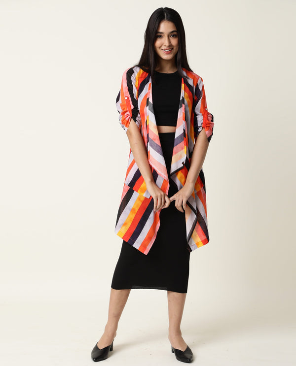 Rareism Women Maaza Multi Cotton Fabric 3/4Th Sleeves Striped Collarless Shrug