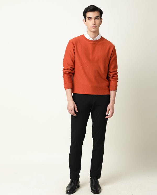 Rare Rabbit Men's Earl Rust Cotton Fabric Full Sleeves Textured Knitted Sweatshirt
