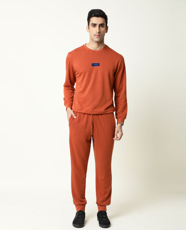 Rare Rabbit Men's Velveto Rust Cotton Polyester Fabric Full Sleeves Velvet Branding Knit Sweatshirt