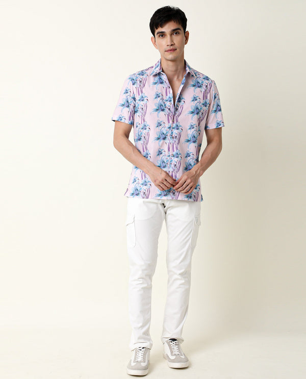 Rare Rabbit Men's Hadlo Pink Cotton Fabric Floral Print Half Sleeves Shirt