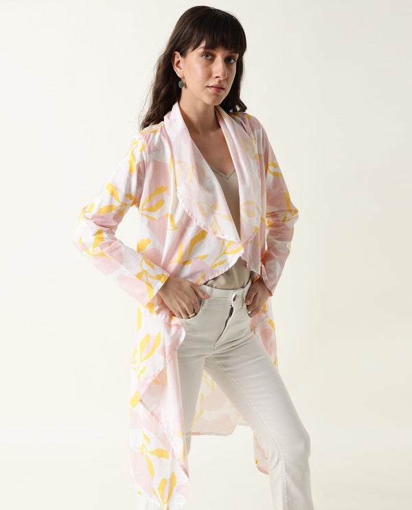 Rareism Women Noki Pink  Regular Fit Knee Length Floral Print Collarless Outer Wear