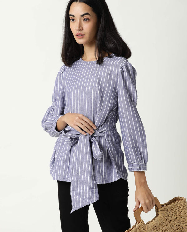 Rareism Womens Livia Blue Top Cotton Linen Fabric Regular Fit Volume Sleeve Round Neck