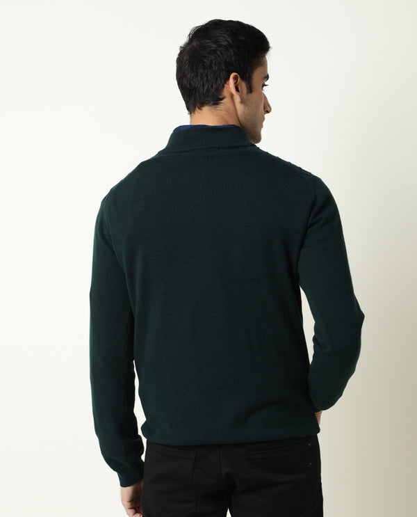 Rare Rabbit Men'S Troyer Green Pullover Cotton Fabric Round Neck Full Sleeves Zipper Closure Slim Fit