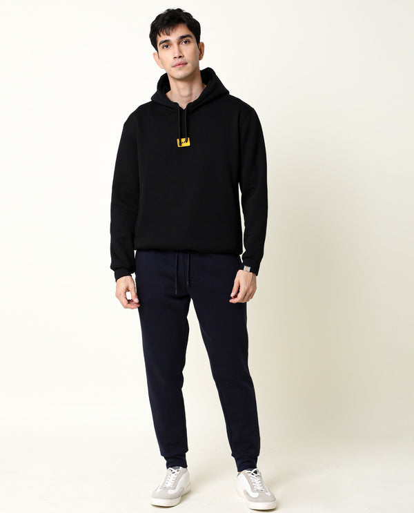 Rare Rabbit Men's Indo Black Cotton Polyester Fabric Full Sleeves Detachable Badge Hooded Sweatshirt