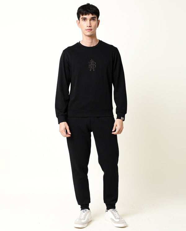 Rare Rabbit Men's Neor Black Cotton Polyester Fabric Full Sleeves Embroidered Branding Sweatshirt