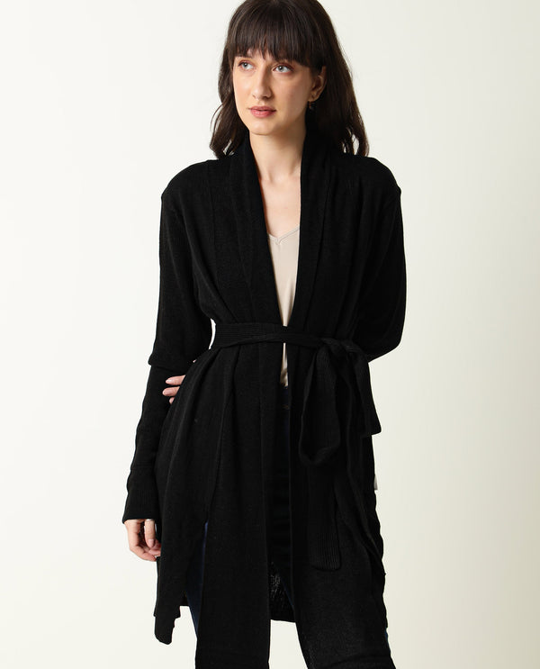 Rareism Women Flap Black Acrylic Fabric Full Sleeves Knee Length Regular Fit Solid Collarless Sweater